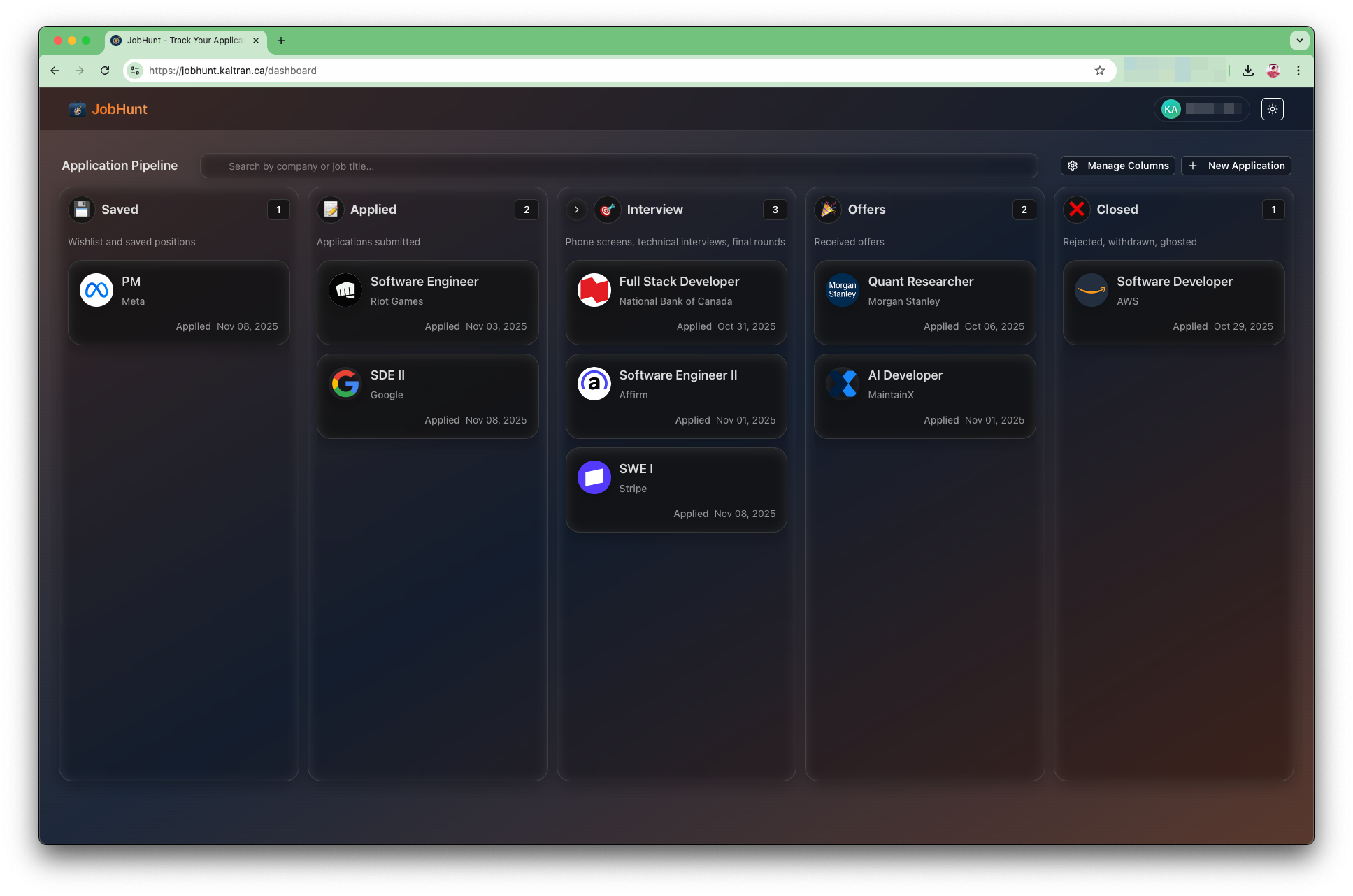 JobHunt - Application Tracker